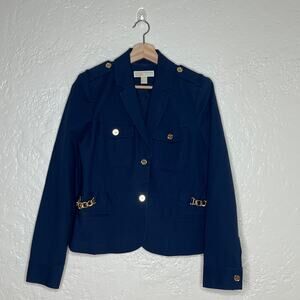 MICHAEL Michael Kors Navy Military Blazer with Gold Buttons and Chain Details